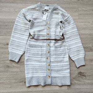 Pink Rose Gray Sweater Stripe Dress Womens Xs Long Sleeve Soft Button Belted Nwt